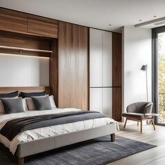 Large, contemporary bedroom featuring a wooden wardrobe