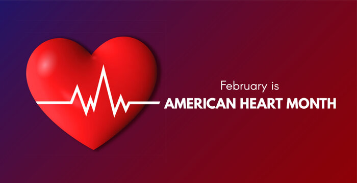 American Heart Month banner. Heartbeat line on the heart. Vector 3D illustration