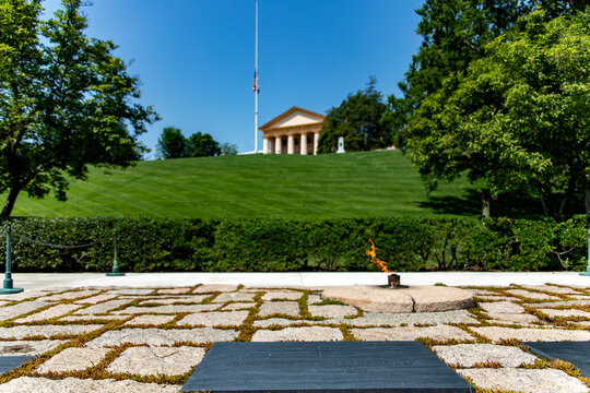 Washington DC, USA; June 2, 2023: Tomb of US President John F. Kennedy at the Arlington National Military Cemetery memorial in Washington DC, (USA).