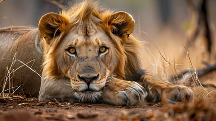 A close up face photo of a lion laying on the ground with it's front paws on the ground