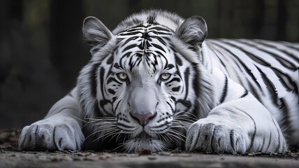 A close up of a Siberian white tiger laying on the ground with it's front paws on the ground