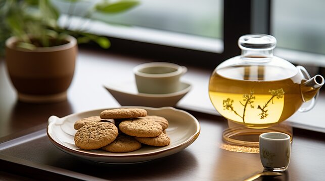 The image shows a close-up of herbal tea with a bowl of cookies and a teapot in the background.