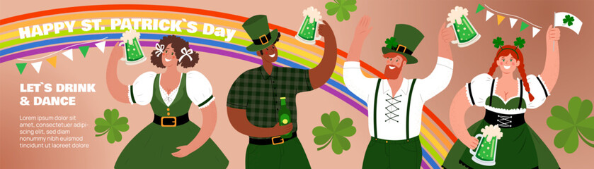 Happy St. Patrick's Day long horizontal Banner. People drink beverages and have fun. Vector flat illustration.
