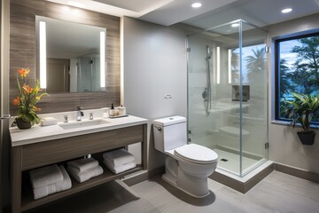Fototapeta na wymiar Modern bathroom interior with large glass shower and double vanity