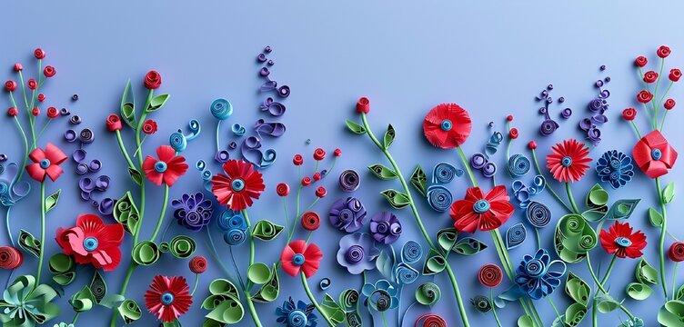 Illustration of small delicate red, blue, and green paper Quilling flowers. Violet background. Solid violet border. Photo-realistic.