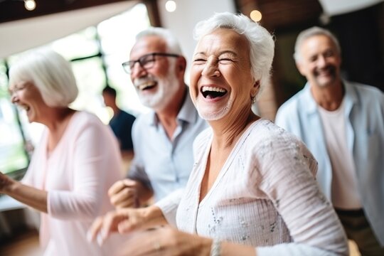 A group of elderly people are laughing and dancing happily
