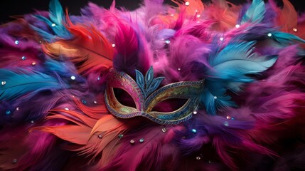 Fototapeta na wymiar colored masquerade mask with feathers and confetti, festive background