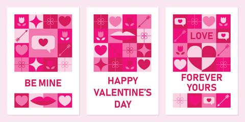 Set of greeting cards with geometric print for Valentine's Day. Vector illustration