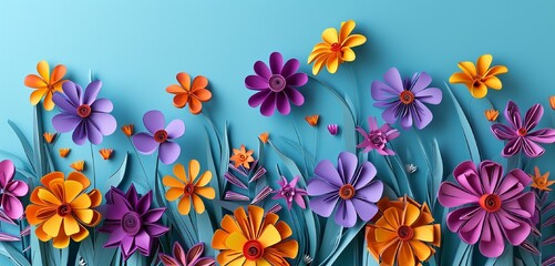 Illustration of small graceful purple, orange, and yellow paper Quilling flowers. Cyan background. Solid cyan border. Photo-realistic.