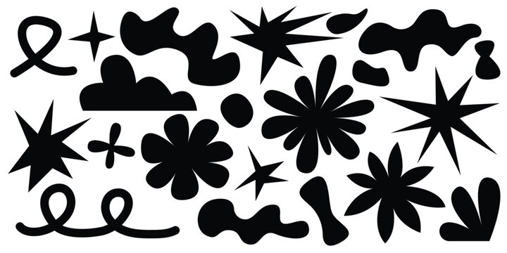Naklejki Set of abstract retro shapes. Vector sticker pack. Collection of contemporary forms, funny flower, bubble, star, loop in trendy 70s, 90s groovy cartoon style