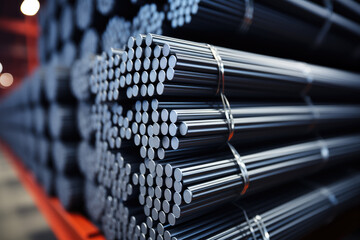 Rows of Steel Round Bar storage and stacking in the warehouse for industrial construction.	
