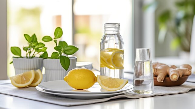 Refreshing lemon water with lemon slices and ginger on the table