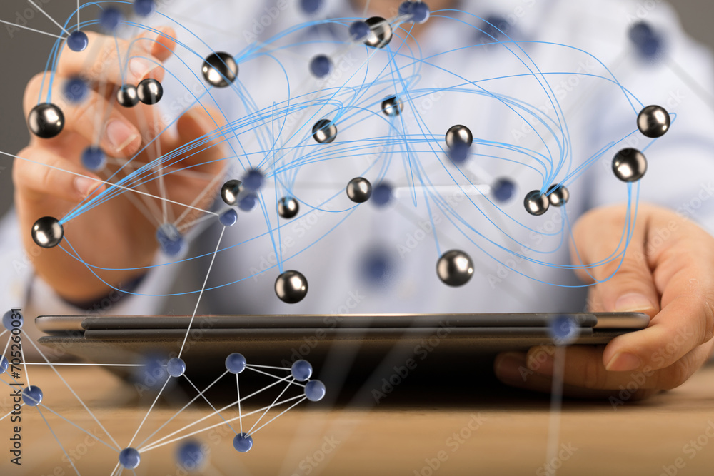 Aufkleber Abstract network of physical devices on the Internet using a network connection with statistics numbers 3d illustration