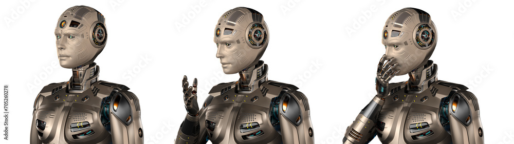 Poster detailed futuristic robot man or humanoid cyborg removes his face mask showing vey complex mechanism