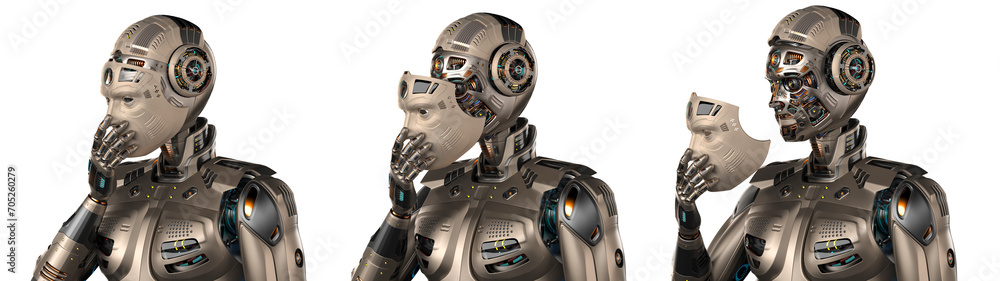 Aufkleber detailed futuristic robot man or humanoid cyborg removes his face mask showing vey complex mechanism
