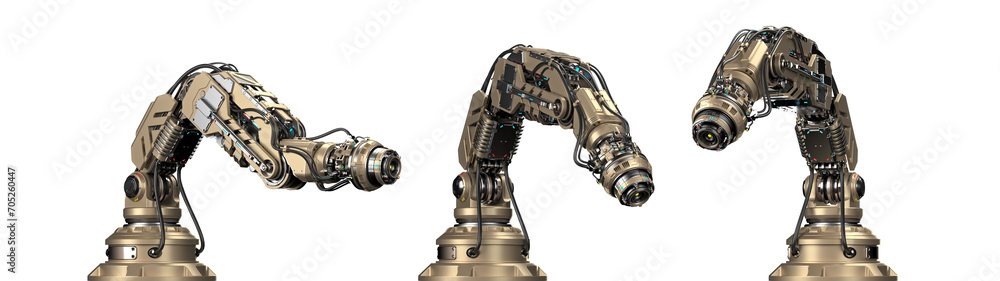 Poster robotic arm, mechanical hand or industrial robot manipulator. futuristic industrial technology. set 