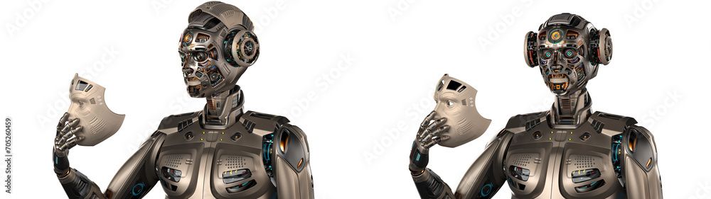 Poster detailed futuristic robot man or humanoid cyborg removes his face mask showing vey complex mechanism