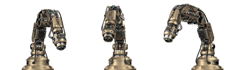 Robotic arm, mechanical hand or Industrial robot manipulator. Futuristic industrial technology. Set of three different views and poses. Isolated on transparent background. 3d rendering