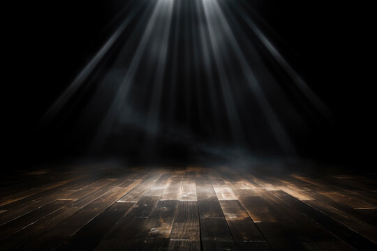 Empty Wooden Stage Illuminated by Spotlights with Smoke Float Up on Dark Background