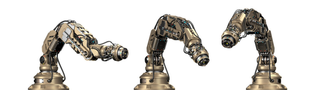 Robotic arm, mechanical hand or Industrial robot manipulator. Futuristic industrial technology. Set of three different views and poses. Isolated on transparent background. 3d rendering