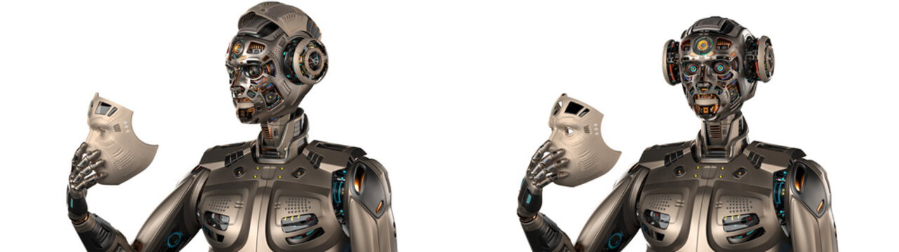 Detailed futuristic robot man or humanoid cyborg removes his face mask showing vey complex mechanism of his head with many gears. 3d rendering isolated on transparent background. Set of three poses