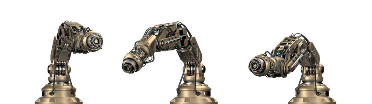 Robotic arm, mechanical hand or Industrial robot manipulator. Futuristic industrial technology. Set of three different views and poses. Isolated on transparent background. 3d rendering