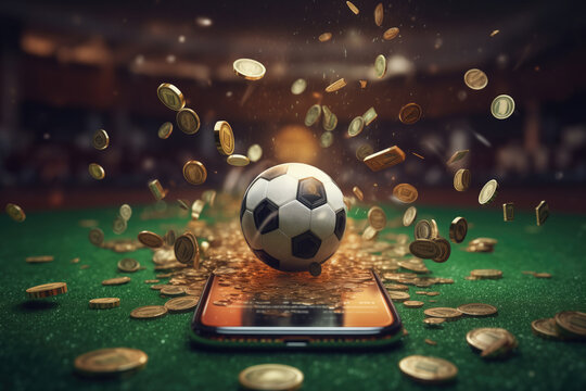 Virtual sports betting on soccer using smartphone, currency and ball. 
