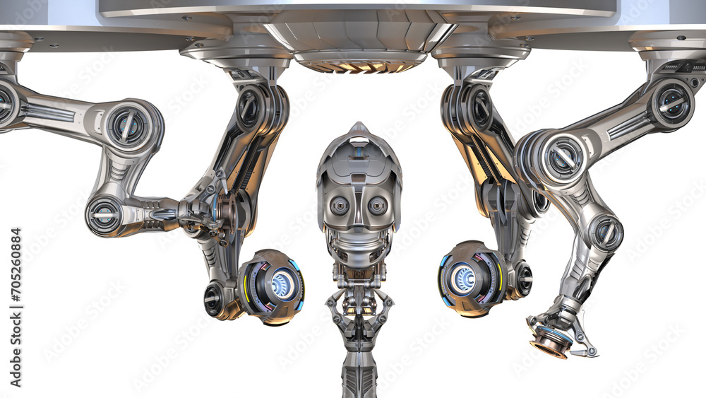 Aufkleber futuristic robot head or humanoid face under construction by mechanical assembly arms. cyber factory