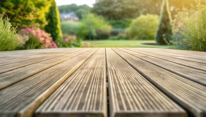 Lame de terrasse en bois autoclave, gros plan de la construction d'une terrasse en bois dans le jardin -  IA générative	