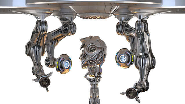 Futuristic robot head or humanoid face under construction by mechanical assembly arms. Cyber factory isolated on transparent background. 3d rendering