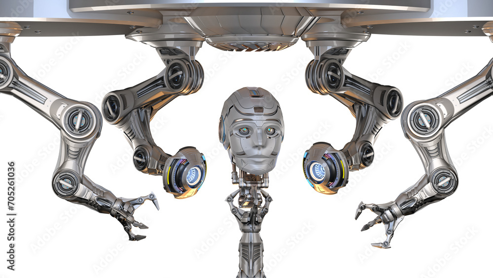 Poster futuristic robot head or humanoid face under construction by mechanical assembly arms. cyber factory