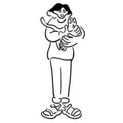 cartoon girl with a cat in doodle style. template for print advertising poster sticker icon illustration. people in lines