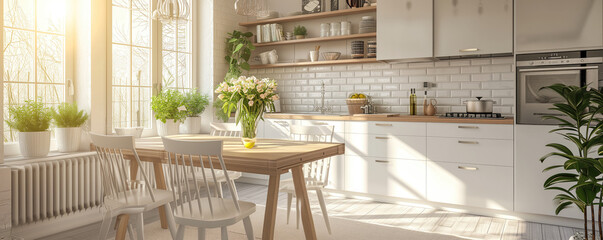 Modern nordic kitchen in loft apartment with spring flowers on the table