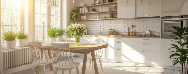 Tuinposter Modern nordic kitchen in loft apartment with spring flowers on the table © thejokercze