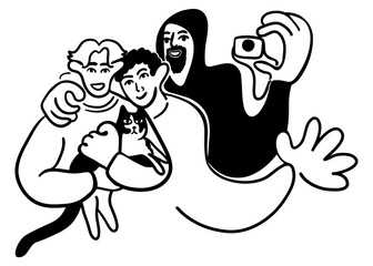 cartoon three friends with a cat in doodle style. template for print advertising poster sticker icon illustration. people in lines