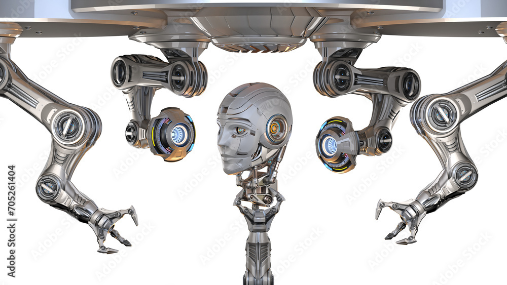 Aufkleber futuristic robot head or humanoid face under construction by mechanical assembly arms. cyber factory