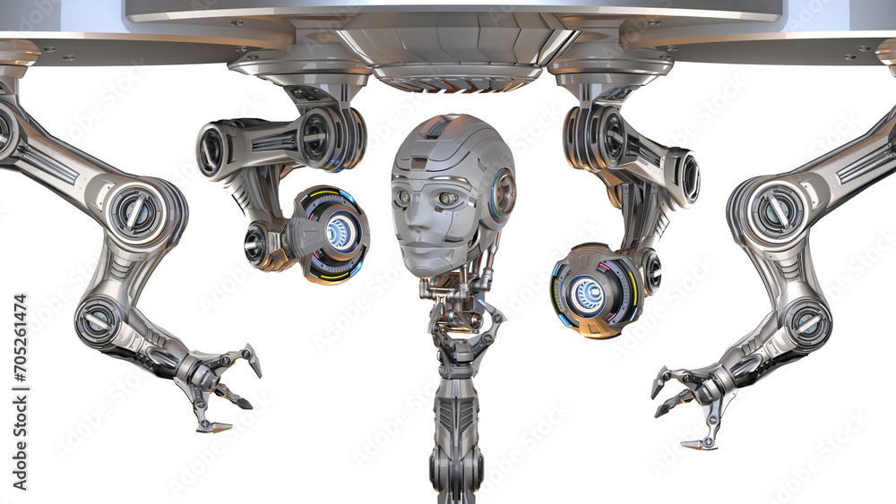 Aufkleber futuristic robot head or humanoid face under construction by mechanical assembly arms. cyber factory