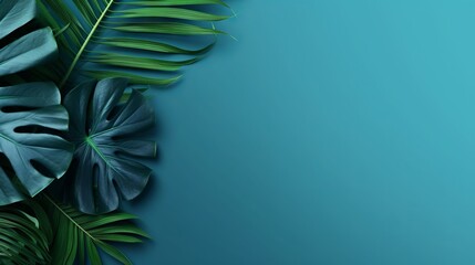 Minimalistic Collection of Tropical Leaves in Blue Color with Space Background AI Generated