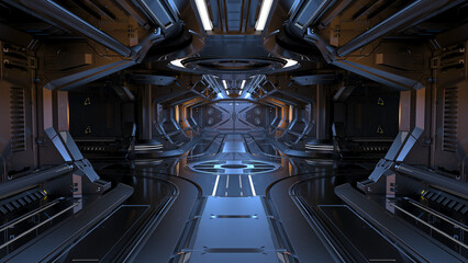 Sci-fi space corridor interior or dark mechanical tunnel with futuristic mechanisms, tubes and doors. 3d rendering