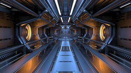 Sci-fi space corridor interior or dark mechanical tunnel with futuristic mechanisms, tubes and doors. 3d rendering © Mykola