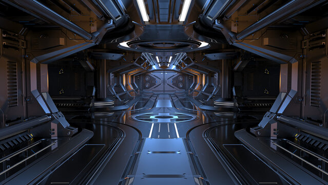Sci-fi space corridor interior or dark mechanical tunnel with futuristic mechanisms, tubes and doors. 3d rendering