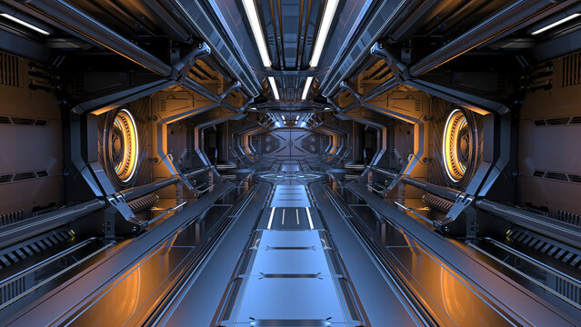 Sci-fi space corridor interior or dark mechanical tunnel with futuristic mechanisms, tubes and doors. 3d rendering