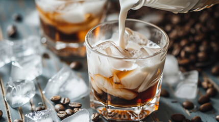 Dairy creamer or milk is poured into iced coffee. Glass of iced coffee with milk, iced latte, with...