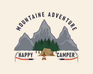 Camping vintage label, logo. Mountaine Adventure, Camping emblem. Camping icons. Greeting card, flyer, poster, tag design. Print for T-shirt. Vector illustration.