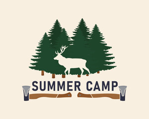 Camping vintage label, logo. Summer Camp, Camping emblem. Camping icons. Greeting card, flyer, poster, tag design. Print for T-shirt. Vector illustration.