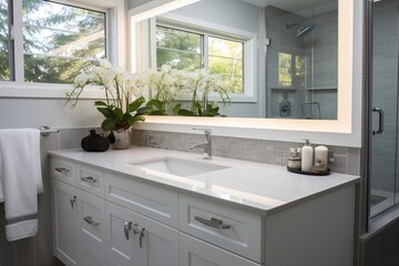 Fototapeta na wymiar Bright bathroom with white vanity and large mirror