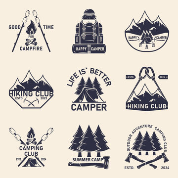 Camping badges, labels set. 9 Camping related labels, badges, emblems. Camping emblem, poster templates. Vector illustration