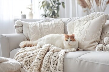 Cozy white sofa with blanket and pillows. Scandinavian farmhouse, a cat on the sofa