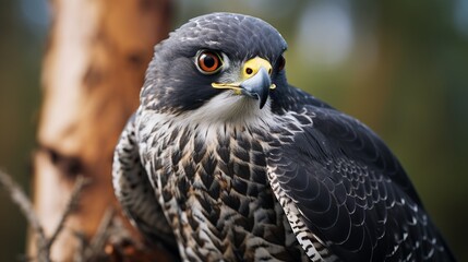 A close-up shot of the falcon that is dark grey and perching on a branch.