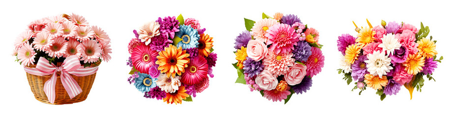 Collection of flower bouquets, flowers in a wicker basket. Flower arrangement or bouquet colorful spring flowers Isolated cutout on transparent background